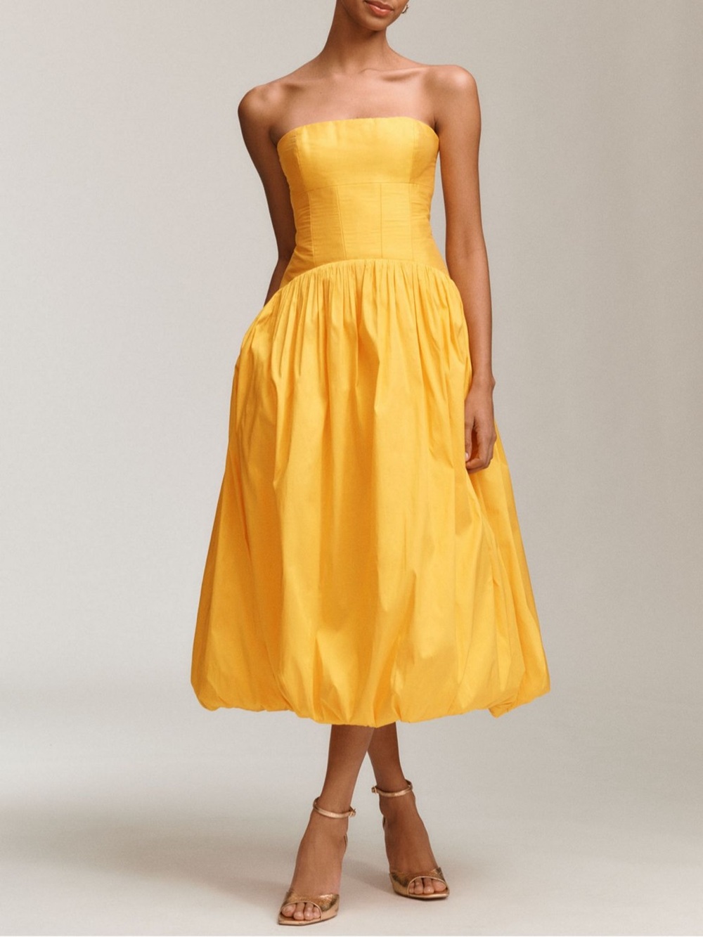 BHLDN Strapless Sunshine Yellow Midi Dress